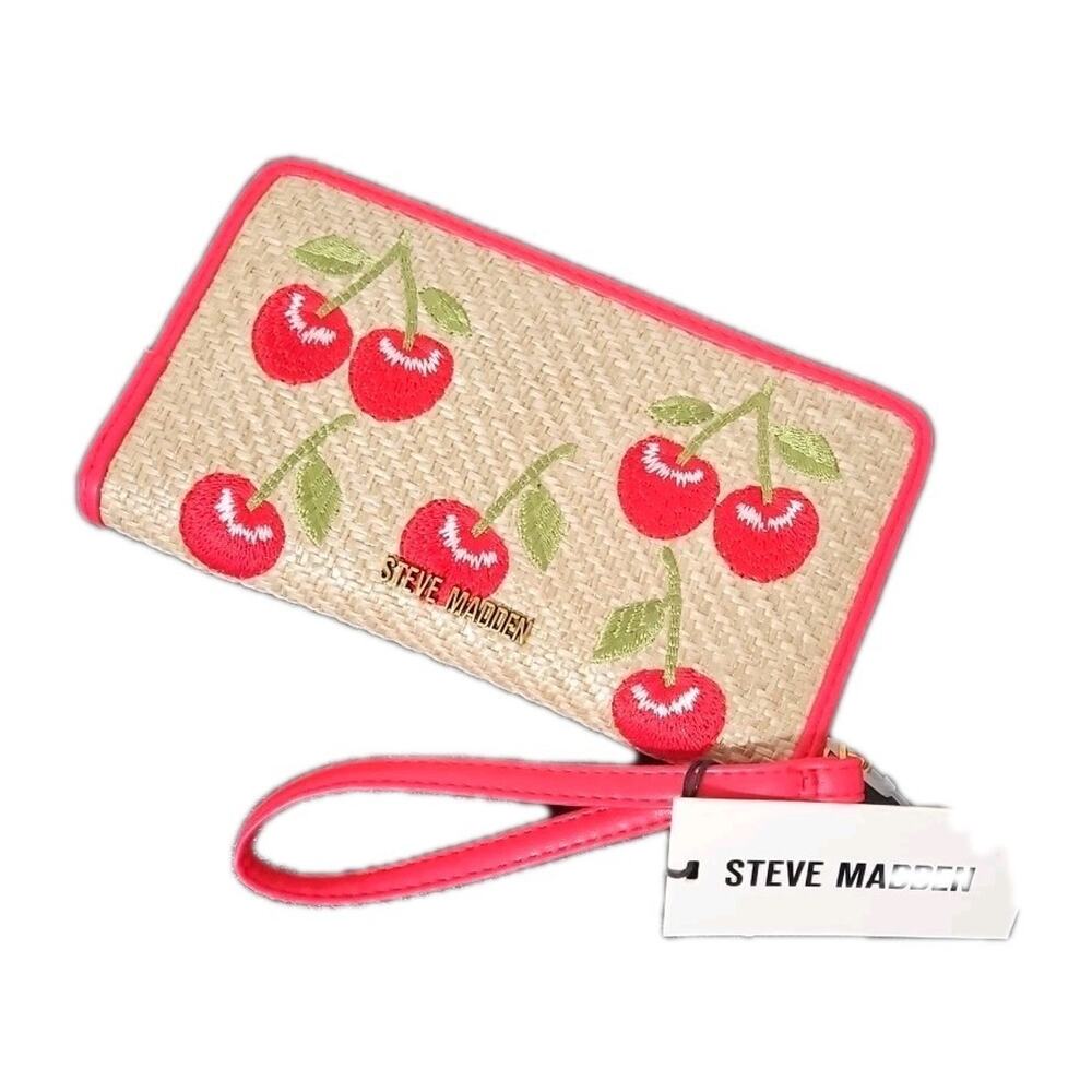 Steve Madden Bzip Seasonal Cherry Wallet Tan Red Straw Embroidered Wristlet NEW